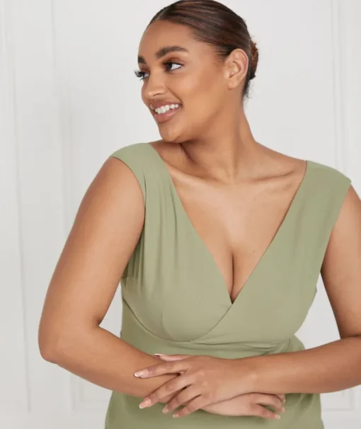 V Neck Plunge Crepe Bridesmaid Dress - Sage