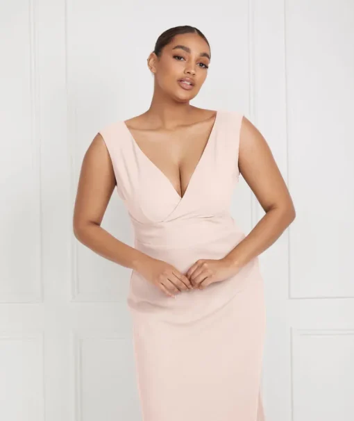 V Neck Plunge Crepe Bridesmaid Dress - Blush