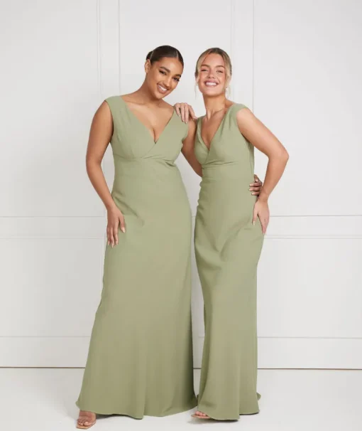 V Neck Plunge Crepe Bridesmaid Dress - Sage