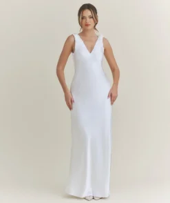 V Neck Satin Maxi Dress – White