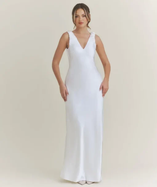 V Neck Satin Maxi Dress – White