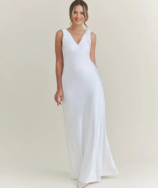 V Neck Satin Maxi Dress – White