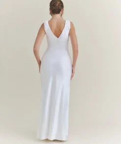 V Neck Satin Maxi Dress – White