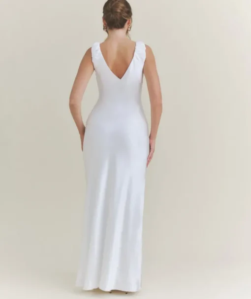 V Neck Satin Maxi Dress – White