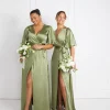 Wrap Tie Satin Bridesmaid Dress - Moss Green