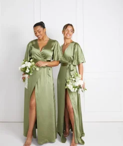 Wrap Tie Satin Bridesmaid Dress - Moss Green