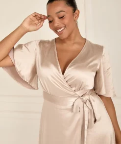 Wrap Tie Satin Bridesmaid Dress - Oyster