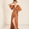 Wrap Tie Satin Bridesmaid Dress - Rust