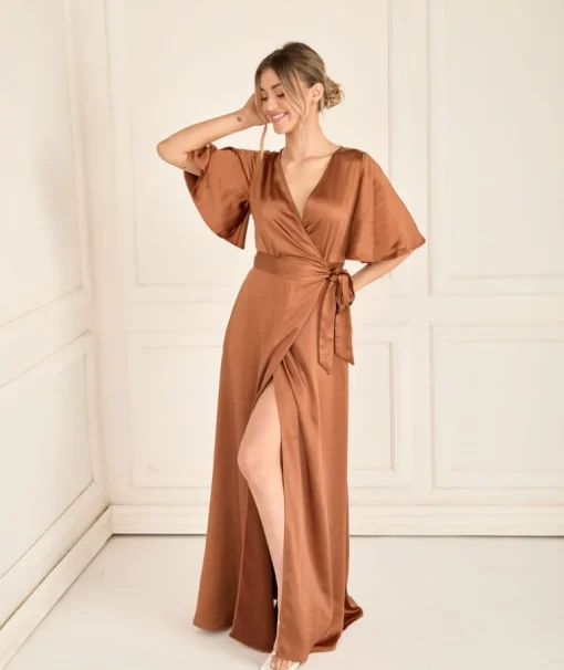 Wrap Tie Satin Bridesmaid Dress - Rust