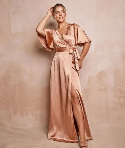 Wrap Tie Satin Bridesmaid Dress - Burnt Peach