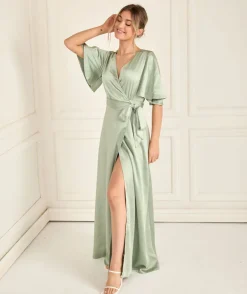 Wrap Tie Satin Bridesmaid Dress - Sage