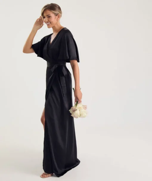 Wrap Tie Satin Bridesmaid Dress - Black