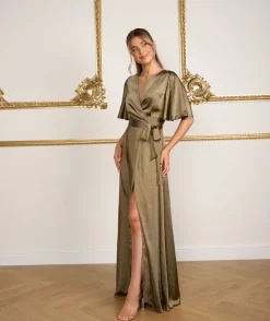 Wrap Tie Satin Bridesmaid Dress - Olive