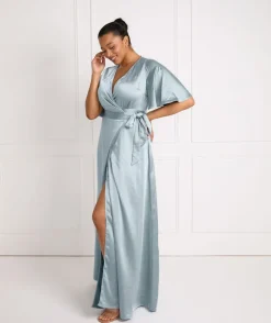Wrap Tie Satin Bridesmaid Dress - Dusty Blue