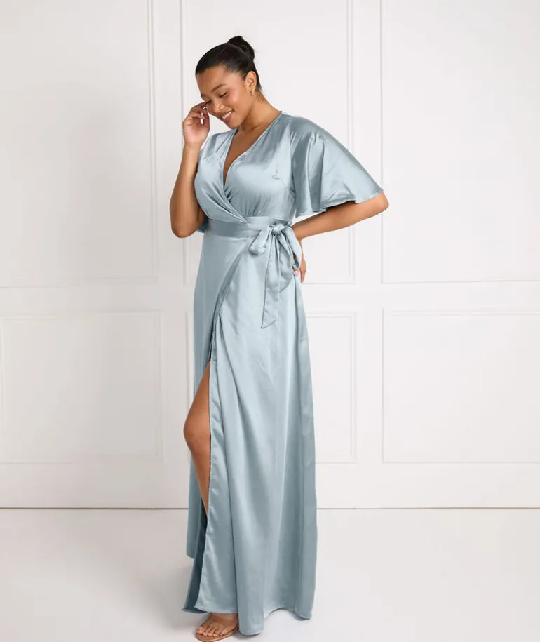 Wrap Tie Satin Bridesmaid Dress - Dusty Blue