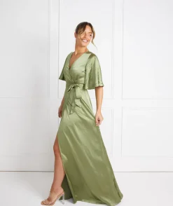 Wrap Tie Satin Bridesmaid Dress - Moss Green