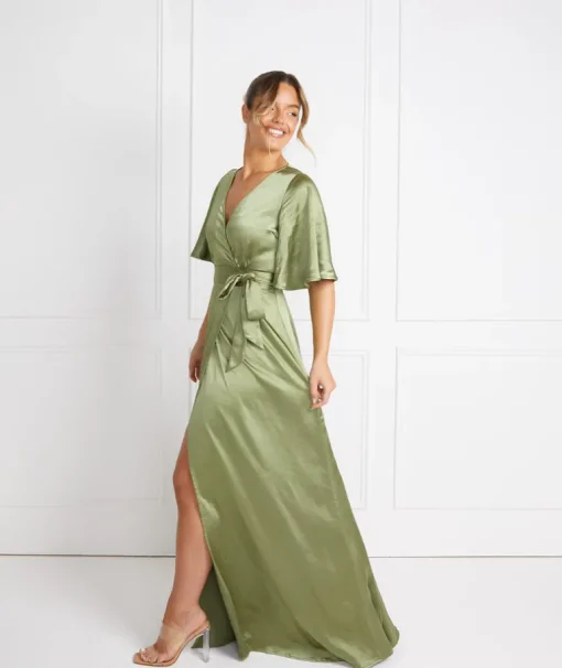 Wrap Tie Satin Bridesmaid Dress - Moss Green