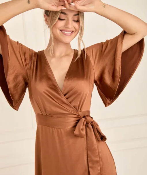 Wrap Tie Satin Bridesmaid Dress - Rust