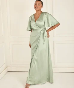Wrap Tie Satin Bridesmaid Dress - Sage