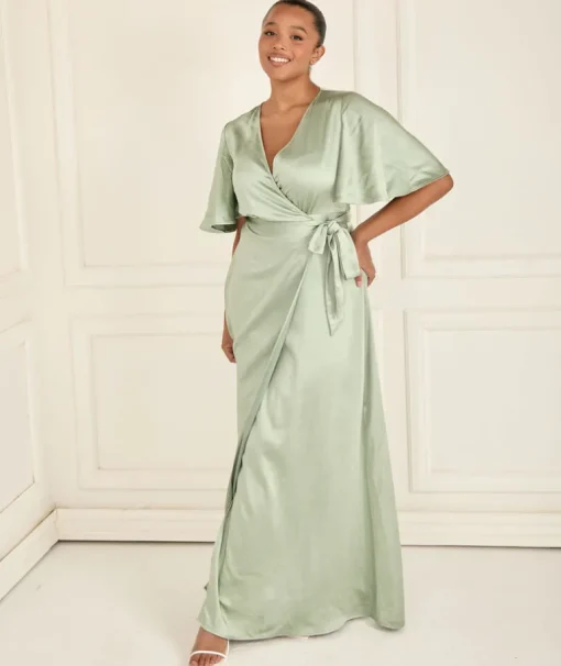 Wrap Tie Satin Bridesmaid Dress - Sage