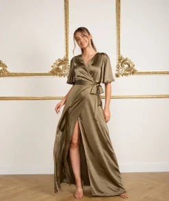 Wrap Tie Satin Bridesmaid Dress - Olive