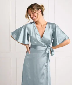 Wrap Tie Satin Bridesmaid Dress - Dusty Blue