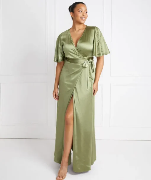 Wrap Tie Satin Bridesmaid Dress - Moss Green