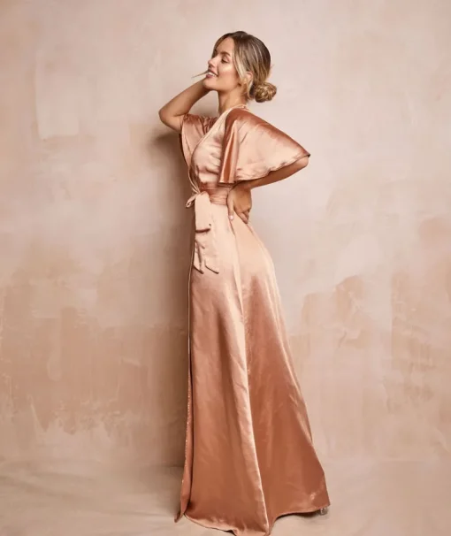 Wrap Tie Satin Bridesmaid Dress - Burnt Peach