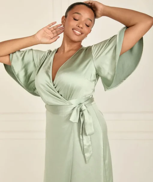 Wrap Tie Satin Bridesmaid Dress - Sage