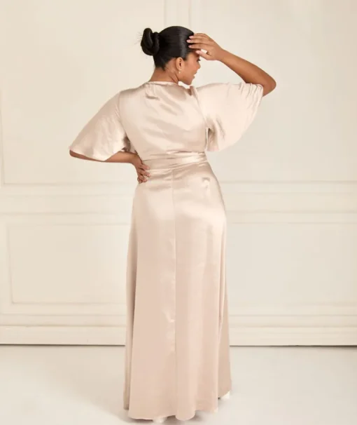 Wrap Tie Satin Bridesmaid Dress - Oyster