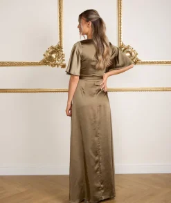 Wrap Tie Satin Bridesmaid Dress - Olive