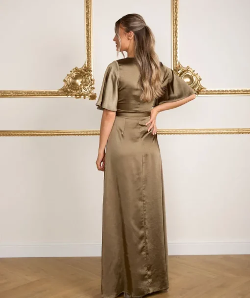 Wrap Tie Satin Bridesmaid Dress - Olive