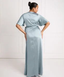 Wrap Tie Satin Bridesmaid Dress - Dusty Blue