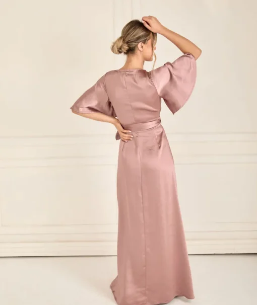 Wrap Tie Satin Bridesmaid Dress - Rose