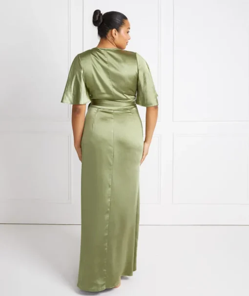 Wrap Tie Satin Bridesmaid Dress - Moss Green