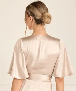 Wrap Tie Satin Bridesmaid Dress - Oyster