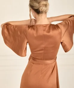 Wrap Tie Satin Bridesmaid Dress - Rust