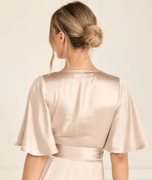 Wrap Tie Satin Bridesmaid Dress - Oyster