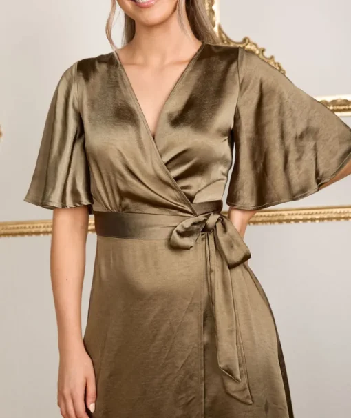 Wrap Tie Satin Bridesmaid Dress - Olive