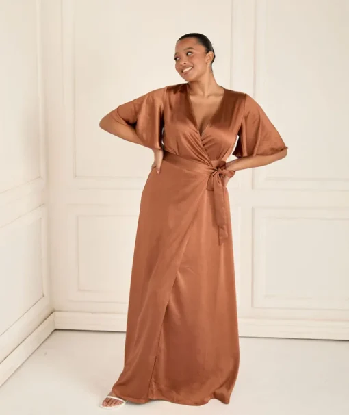 Wrap Tie Satin Bridesmaid Dress - Rust