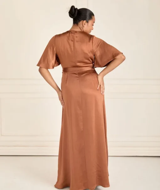 Wrap Tie Satin Bridesmaid Dress - Rust