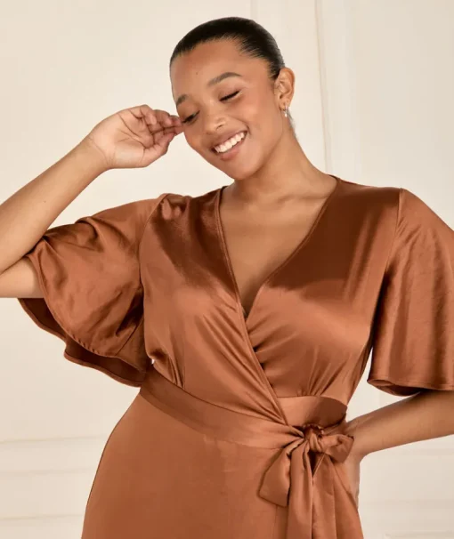 Wrap Tie Satin Bridesmaid Dress - Rust